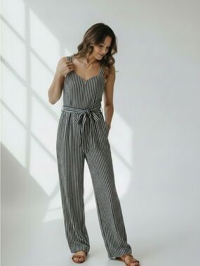 Billabong Black & White Vertical Stripe Tie-Waist Jumpsuit